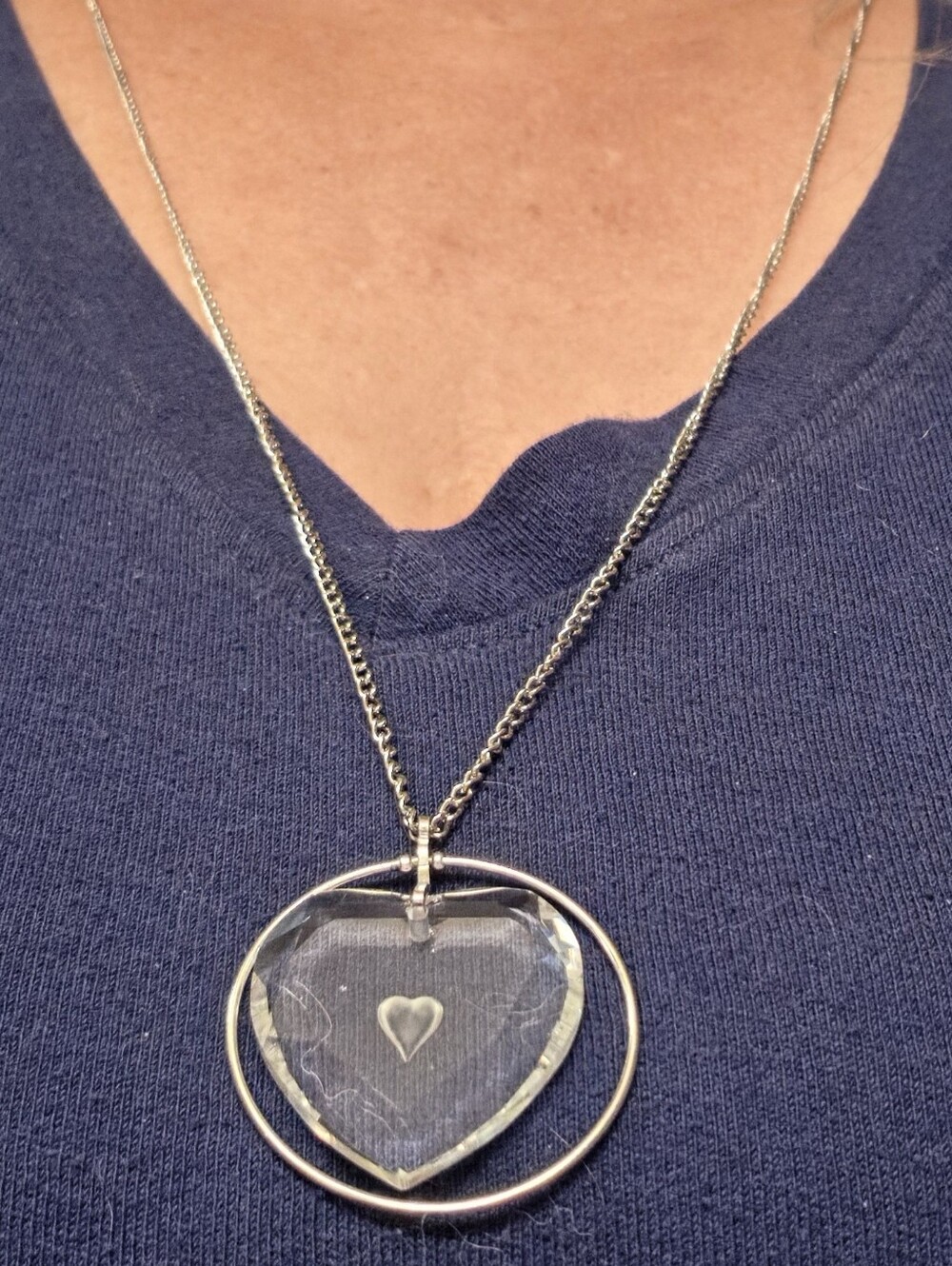 Crystal Floating Heart Pendant Necklace, Silvertone. - Picture 6 of 6